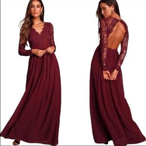 Lulu’s Awaken My Love Burgundy Long Sleeve Lace Maxi Dress Size M